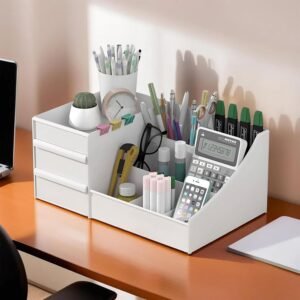 Professional Stationary Oragnizers for Desk & Pen Holder for Study Table | Pencil Box with Drawers for Students | White Visit the Kuber Industries Store